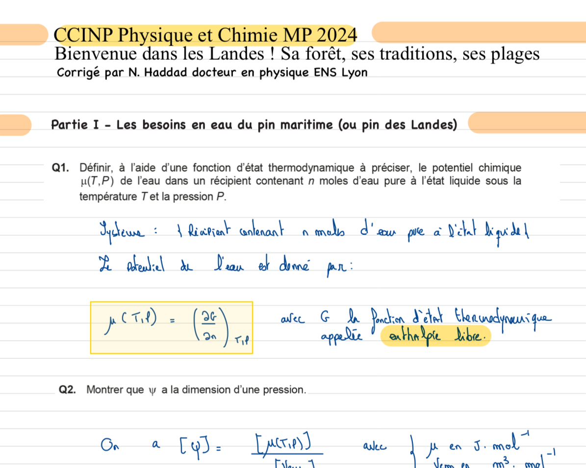 Correction CCINP Physique Chimie MP 2024. Solution pdf 